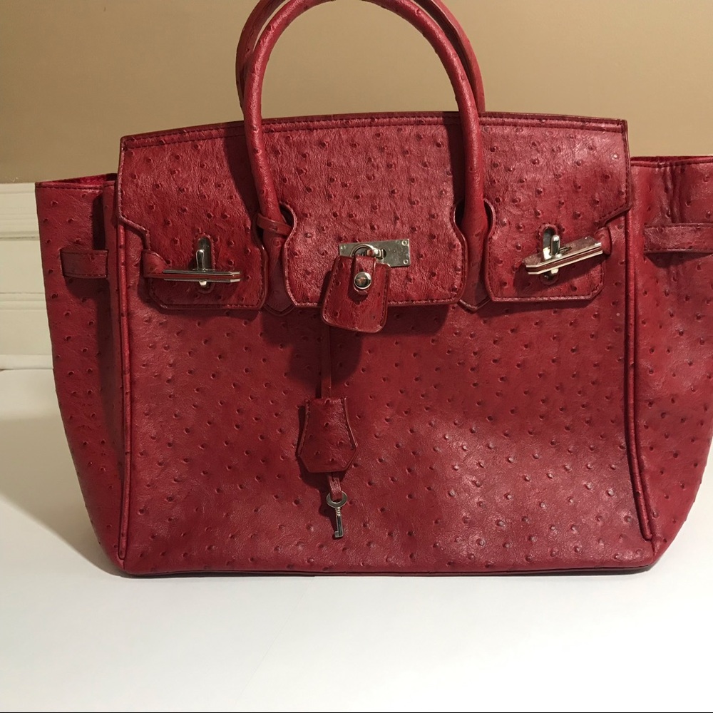 VANI red vegan leather ostrich print purse tote